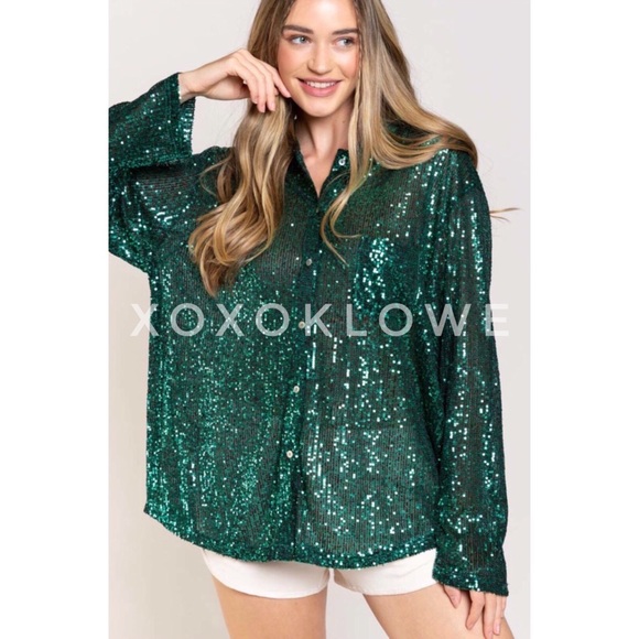 POL Silver Sequin Button Down Shirt Oversized Sparkle - Picture 12 of 13